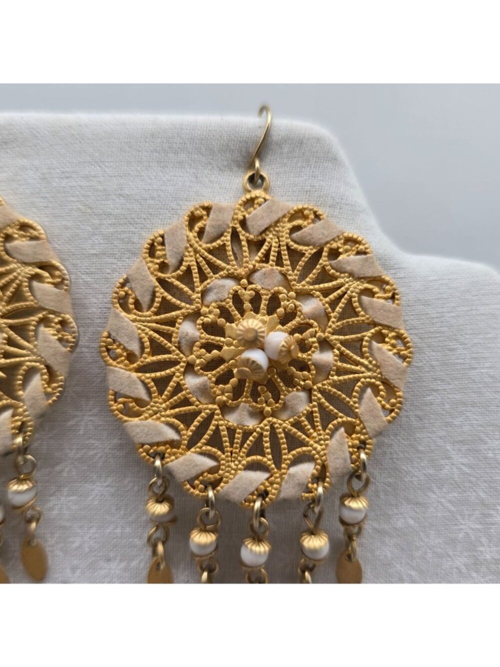 Boho Gold Dreamcatcher Dangle Earrings With Intricate Lace Design & Beads - Picture 3 of 6